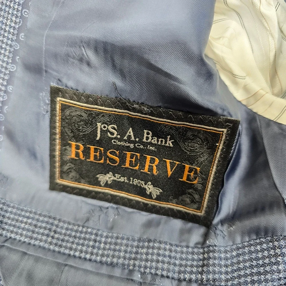 JoS A Bank‎ Reserve Sport Coat Mens 44R Blue Houndstooth Silk Wool Blazer